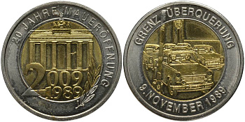 ГЕРМАНИЯ МЕДАЛЬ 2009 СЕРИЯ 20 ЛЕТ ОБЪЕДИНЕНИЯ ГЕРМАНИИ, 9 НОЯБРЯ 1989, СВОБОДНОЕ ПЕРЕСЕЧЕНИЕ ГРАНИЦ биметалл UNC 69-913