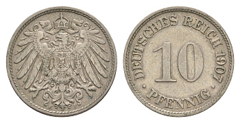 Германия 10 пфеннигов 1907 F, Вильгельм II (1888-1918) KM 12, J. 13 медно-никель 4640-311