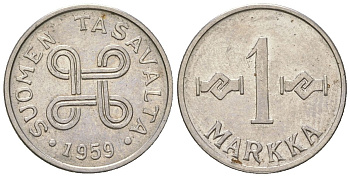 Финляндия 1 марка 1959 KM 36a сталь плакированная железом 4173-1254