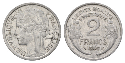 Франция 2 франка 1946 KM 886a.1, Le Franc 269.8 алюминий 4118-551
