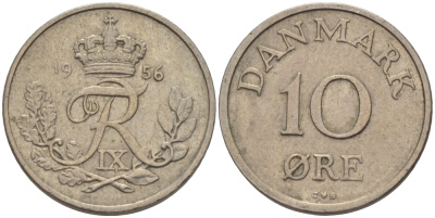 ДАНИЯ 10 ЭРЕ 1956 C; S, ФРЕДЕРИК IX (1947-1972) КМ 841.2 медно-никель 100-259