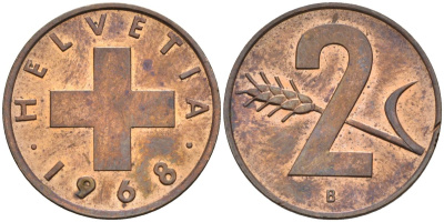 Швейцария 2 раппена 1968 В KM 47 бронза UNC 4577-514