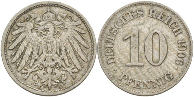 ГЕРМАНИЯ 10 ПФЕННИГОВ 1906 E KM 12, Jager 13, Weege 8 медно-никель 219-124