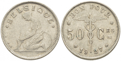 БЕЛЬГИЯ 50 САНТИМОВ 1927 BELGIQUE KM 87 никель 261-1612