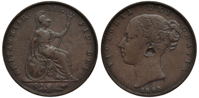 Великобритания 1 фартинг 1843 Виктория (1837-1901) KM 725, Spink 3950 медь 106-746