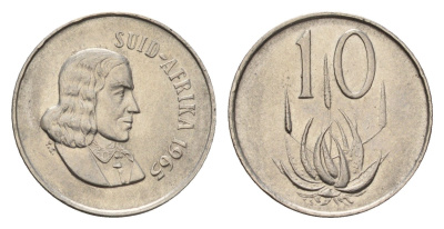 ЮАР 10 центов 1965 Ян ван Рибек (1619-1677), Suid Africa, легенда на африкаанс, цветок алоэ KM 68.2 никель 4687-332