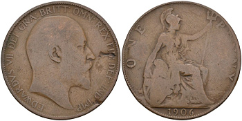 Великобритания 1 пенни 1906 Эдуард VII (1901-1910) KM 794.2, Sp 3990 бронза 4117-732