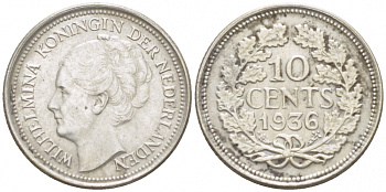 Нидерланды 10 центов 1936 Вильгельмина I (1890-1948) КМ 163 серебро UNC 214-744