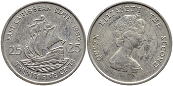 Восточно-Карибские штаты 25 центов 1989 Елизавета II (1952-2022), парусник KM 14 медно-никель 85-1116