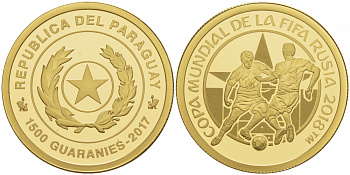 Парагвай 1500 гуарани 2017 Чемпионат мира по футболу в России KM NEW золото PROOF 00-000-00