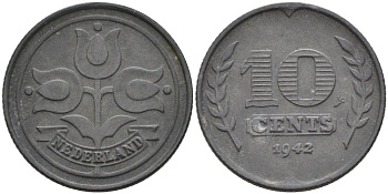 Нидерланды 10 центов 1942 Вильгельмина (1890-1948) KM 173 цинк 51-2615