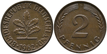ФРГ 2 пфеннига 1962 D KM 106, J. 381 бронза 99-127
