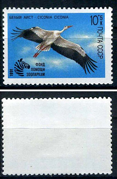 СССР марка 10+5 (15) копеек 1991 Птицы. Почтово-благотворительный выпуск в Фонд помощи зоопаркам - белый аист Загорский 6225    марка с оригинальным клеем, без следов наклейки (чистая) 8707-5-5-2