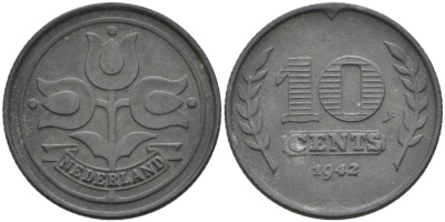 Нидерланды 10 центов 1942 Вильгельмина (1890-1948) KM 173 цинк 51-2615