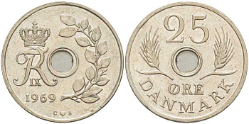 Дания 25 эре 1969 С;S, Фредерик IX (1947-1972) KM 855 медно-никель 94-345