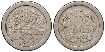 Нидерланды 5 центов 1907 Вильгельмина (1890-1948) KM 137 медно-никель    4115-437