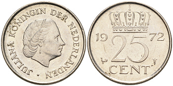 Нидерланды 25 центов 1972 Юлиана (1948-1980) KM 183 никель    4174-659