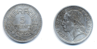 Франция 5 франков 1949 тип Лаврийе KM 888b.1, LE FRANC 339.17 алюминий 4379-1224
