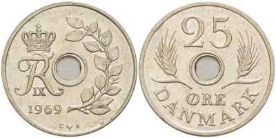 Дания 25 эре 1969 С;S, Фредерик IX (1947-1972) KM 855 медно-никель 94-345