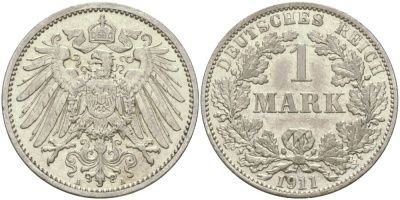 Германия 1 марка 1911 A Weege 18, J. 17, KM 14 серебро aUNC 65-237