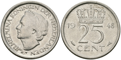 НИДЕРЛАНДЫ 25 ЦЕНТОВ 1948 ВИЛЬГЕЛЬМИНА KM 178 никель 46-2442