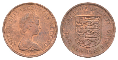 Джерси 2 пенса 1980 герб, Елизавета II (1952-2022) KM 31 бронза aUNC 4652-532