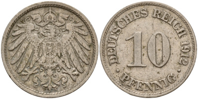 Германия 10 пфеннигов 1912 D J. 13,  KM 12 медно-никель    4603-733