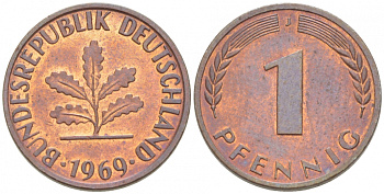ФРГ 1 ПФЕННИГ 1969 J KM 105 J. 380 сталь плакированная медью 3955-522
