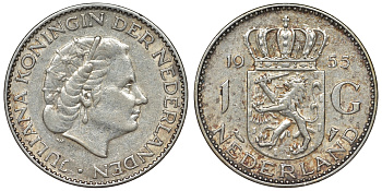 Нидерланды 1 гульден 1955 Юлиана (1948-1980) KM 184 серебро 71-1117