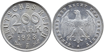 ГЕРМАНИЯ 200 МАРОК 1923 J KM 35, J. 304 алюминий 4390-934