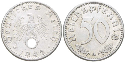 ГЕРМАНИЯ 50 РЕЙХСПФЕННИГОВ 1942 A KM 96, J.372 алюминий 117-936