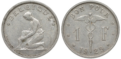 Бельгия 1 франк 1929 Belgique KM 89 никель 51-2036