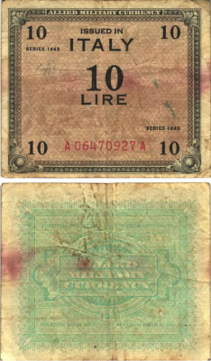 Италия 10 лир 1943 военная валюта союзников Pick M13b бумага 7484-47-3-2