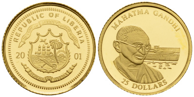 Либерия 25 долларов 2001 Махатма Ганди  золото  PROOF  00-812-43