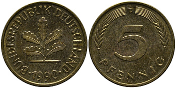 ФРГ 5 ПФЕННИГОВ 1990 D KM 107, J. 382 сталь плакированная латунью 33-224
