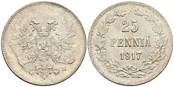 Россия для Финляндии 25 пенни 1917 S, временное правительство, без короны KM 19, Биткин 2 серебро aUNC 4580-1235