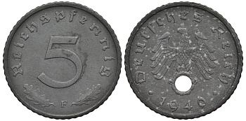 ГЕРМАНИЯ 5 РЕЙХСПФЕННИГОВ 1940 F KM 100, Jager 370 цинк 4547-666