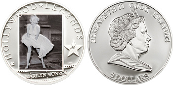 Острова Кука 5 долларов 2011 Мэрилин Монро, цветная эмаль KM 1264 серебро PROOF 1074-2-43