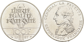 Франция 100 франков 1987 230 лет со дня рождения генерала Лафайета KM 962 серебро BUNC 4557-1032