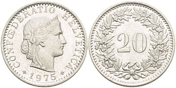 Швейцария 20 раппенов 1975 KM 29а медно-никель 4544-325
