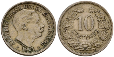 Люксембург 10 сантимов 1901 Адольф (1890-1905) KM 25 медно-никель 4602-447