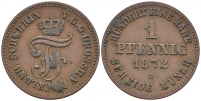 Мекленбург-Шверин 1 пфенниг 1872 В, Фридрих Франц II (1842-1883) KM 315 (С102), AKS 50, J.60 медь 112-1223