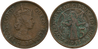 Кипр Британский 5 милей 1955 Елизавета II (1952-2022) KM 34 бронза 4159-733