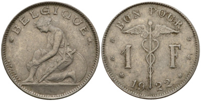 Бельгия 1 франк 1922 Belgique, Альберт I (1910-1934) KM 89 никель 4601-411