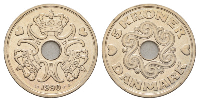 Дания 5 крон 1990 Маргрете II (1972-2024) KM 869 медно-никель UNC 175-1214