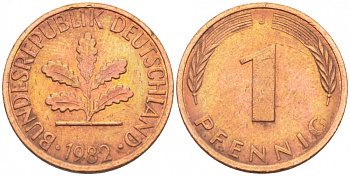 ФРГ 1 ПФЕННИГ 1982 J KM 105, J.380 сталь плакированная медью 4396-1533
