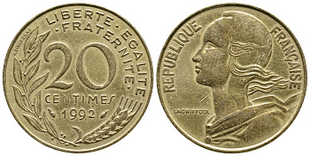 ФРАНЦИЯ 20 САНТИМОВ 1992 KM 930 медь алюминий никель 93-1357