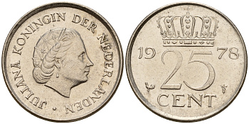Нидерланды 25 центов 1978 Юлиана (1949-1980) KM 183 никель    4598-528