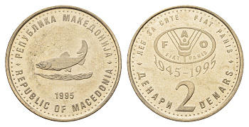 Македония 2 денара 1995 50 лет ФАО KM 6a медь цинк никель UNC 212-621