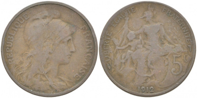 ФРАНЦИЯ 5 САНТИМОВ 1912 ТИП ДАНИЭЛЬ ДЮПЮИ KM 842, LE FRANC 119.24 бронза 77-451